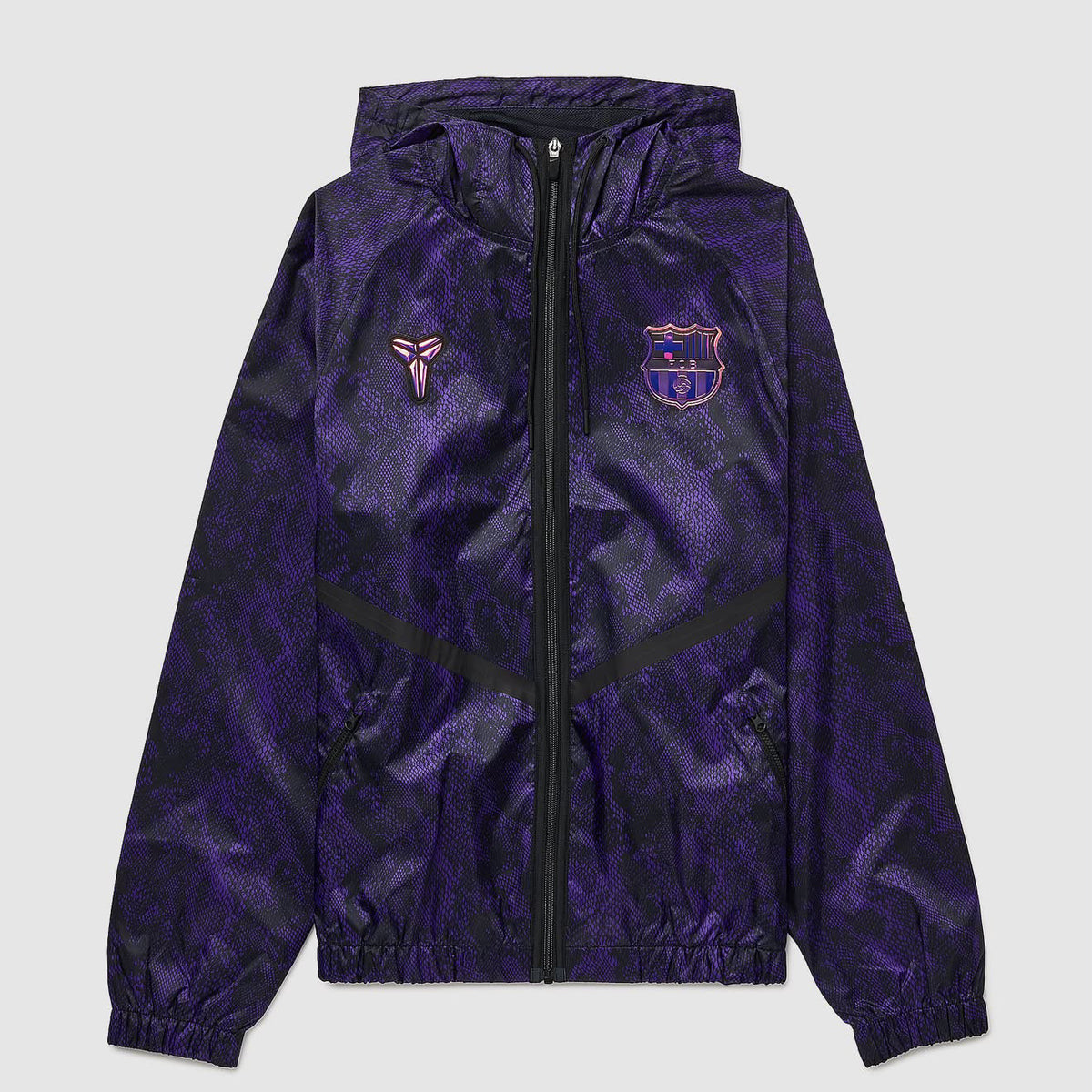 Barcelona x Kobe purple and black snakeskin patterned hooded zip-up windbreaker front view
