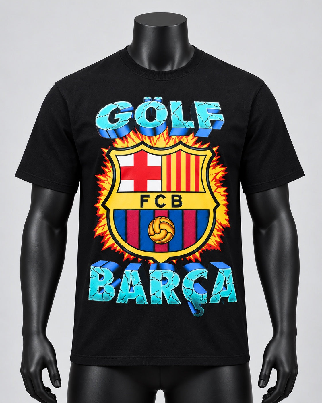 FC Barcelona x Golf Wang black graphic tee with GOLF text Barcelona crest and BARÇA design on black studio mannequin