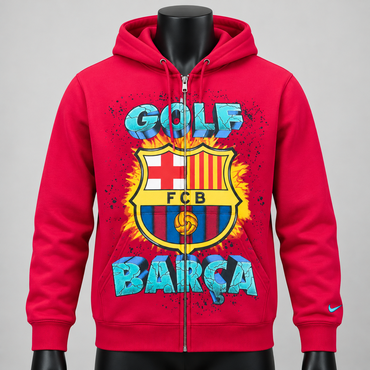 FC Barcelona x Golf Wang pink zip-up hoodie displayed on black mannequin with turquoise GOLF and BARÇA graffiti, large FCB crest and full zipper