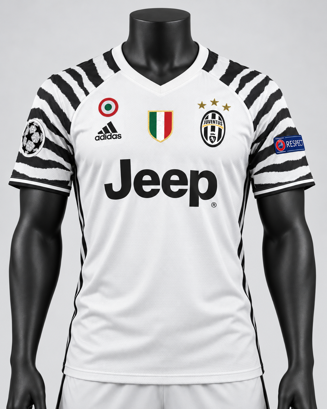 16/17 Juventus Third Retro Jersey on matte black mannequin, studio front view
