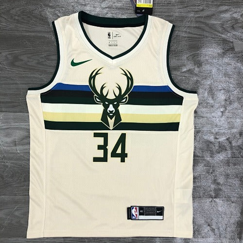 2019 Bucks Striped Beige No. 34 Antetokounmpo