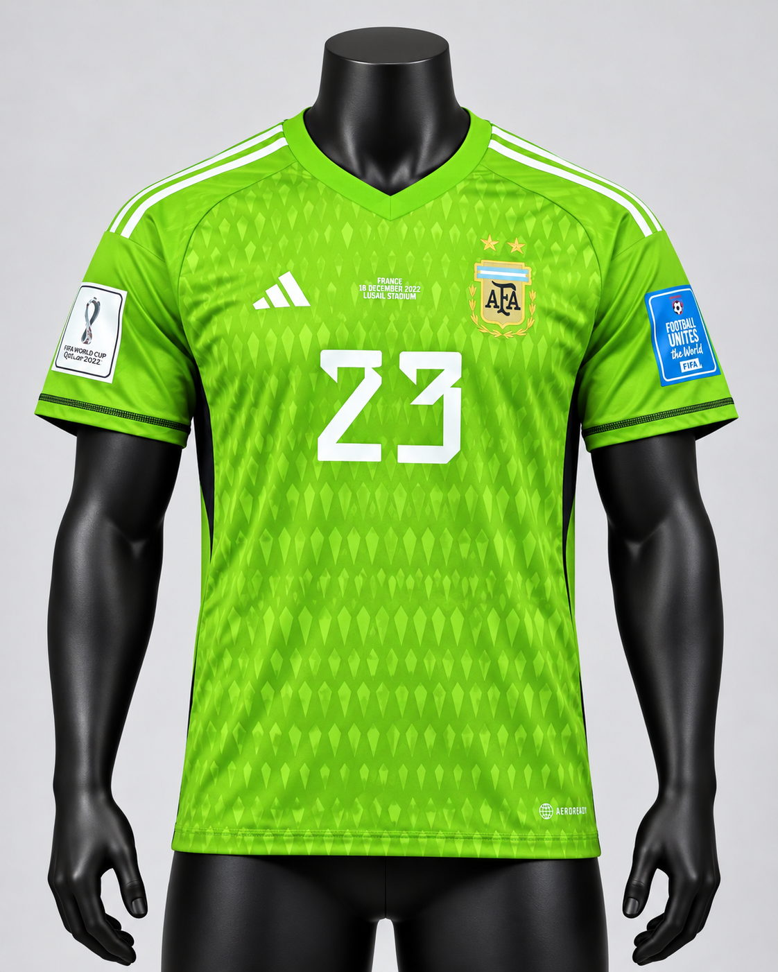 2022 Argentina Goalkeeper World Cup Final jersey bright green with number 23 on a black mannequin, front view