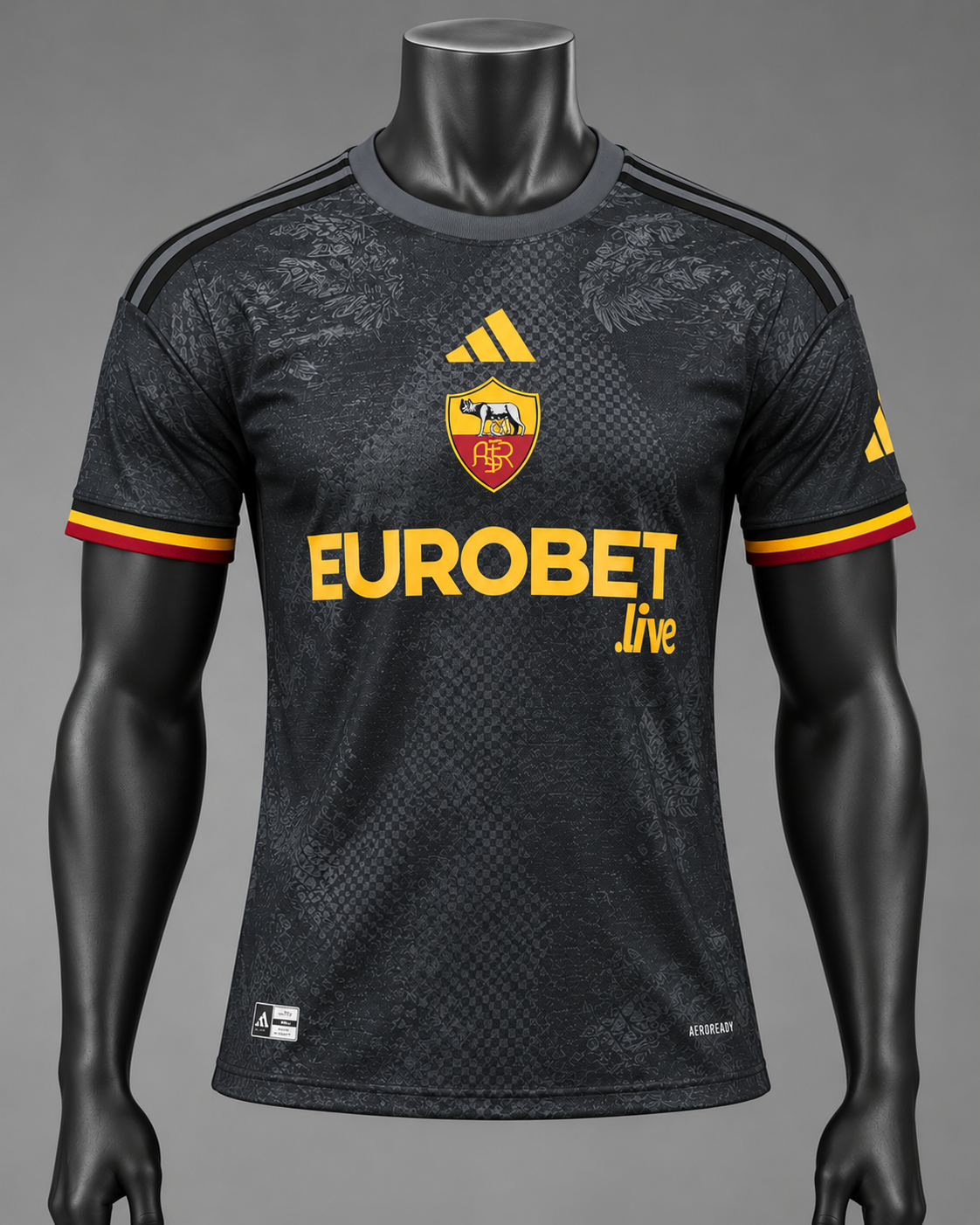 26/27 AS Roma Third Jersey charcoal and yellow EUROBET.live design on black mannequin, jersey only