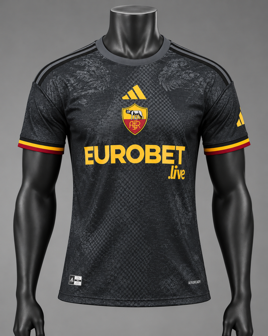 26/27 AS Roma Third Jersey charcoal and yellow EUROBET.live design on black mannequin, jersey only