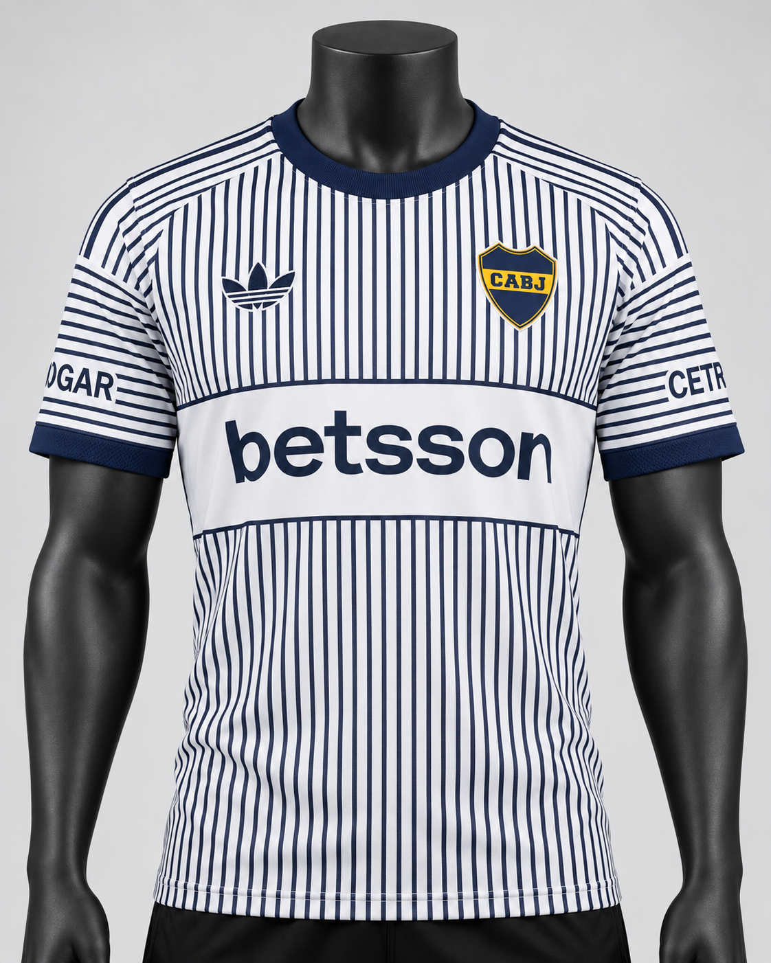 26/27 Boca Juniors Away Jersey white navy pinstripe Betsson shirt on black mannequin front view