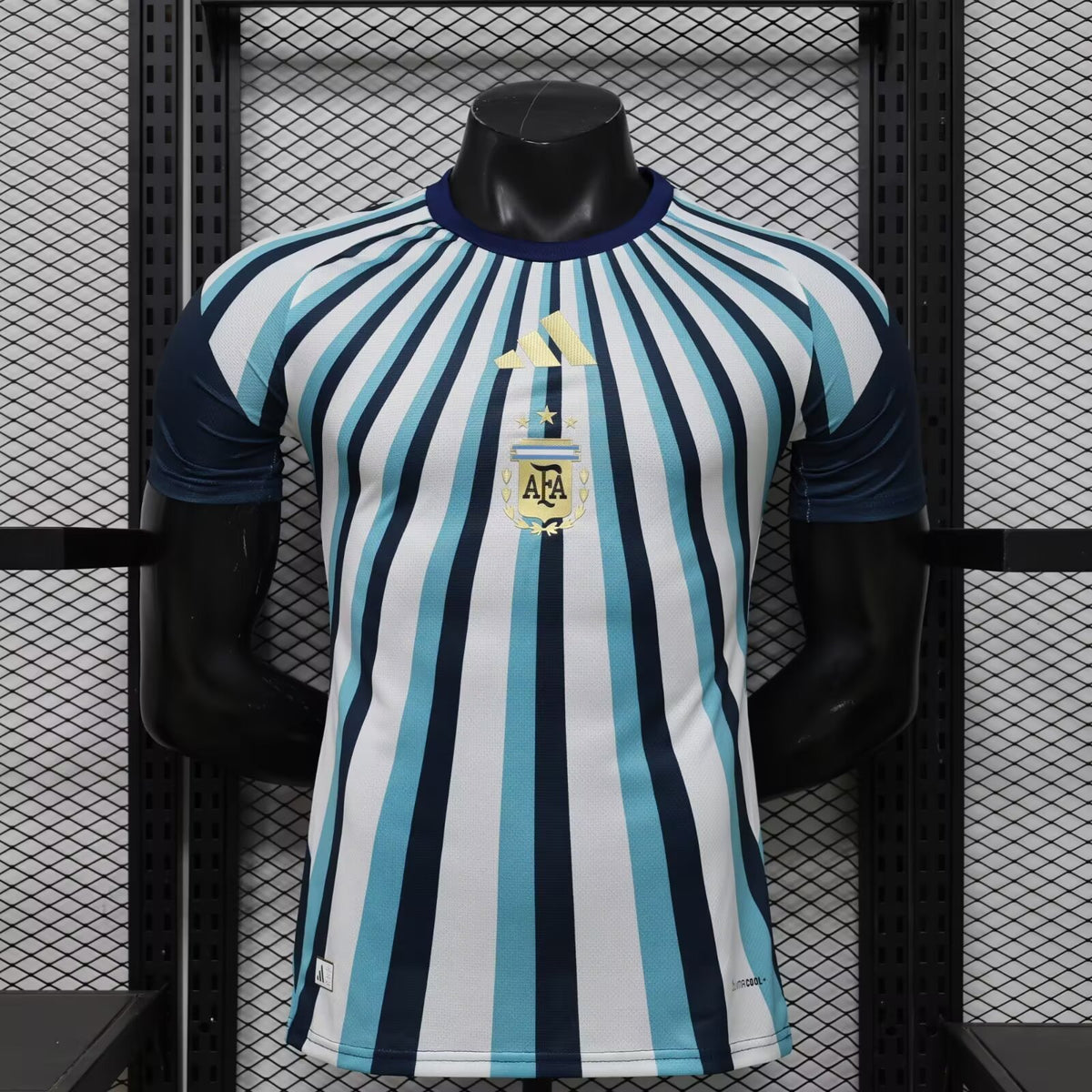 Argentina 2026 pre-match training jersey in white sky blue and navy stripes with gold AFA crest