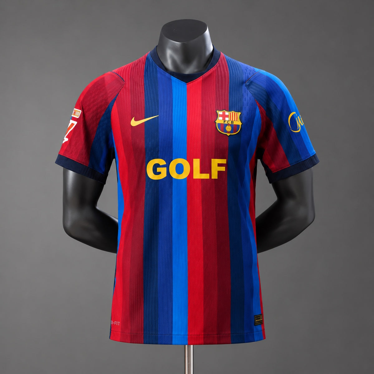 Barcelona GOLF Special Edition Jersey front view red blue vertical stripes and yellow GOLF logo on mannequin