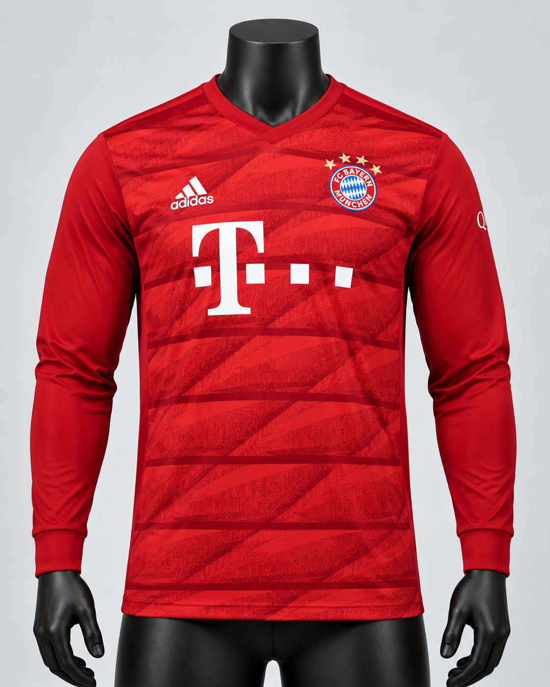 Bayern 19/20 Home Kit Long Sleeve red Bayern Munich jersey displayed on a black mannequin