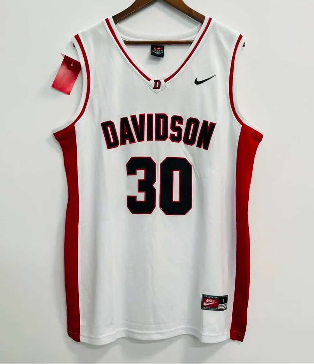 Davidson Retro Basketball Jersey white with red panels and number 30, front view
