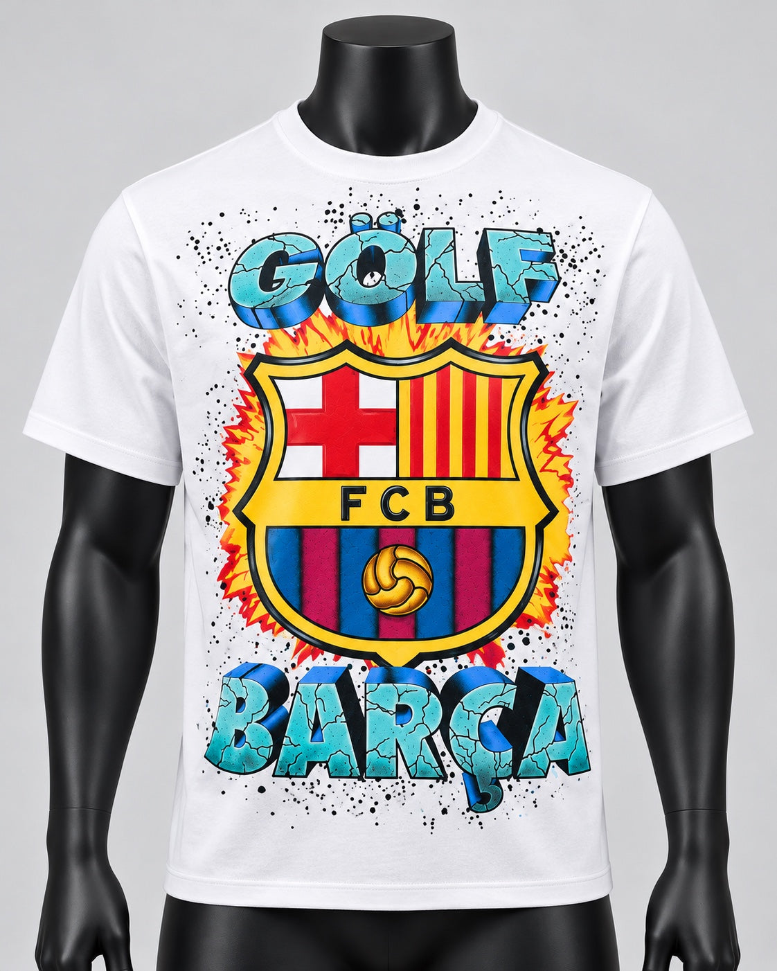 FC Barcelona x Golf Wang white graphic tee with GOLF text Barcelona crest and BARÇA design on black studio mannequin