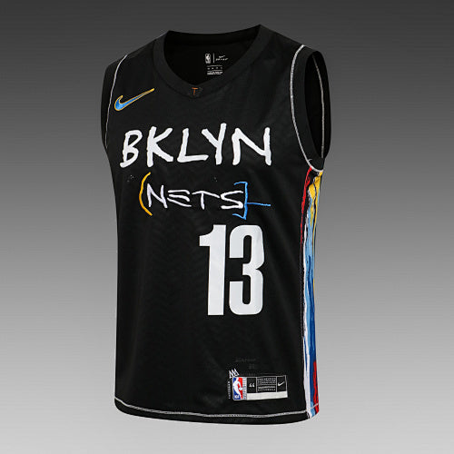 L018# NBA Nets V-neck Black City Edition (Hot Pressed Style)