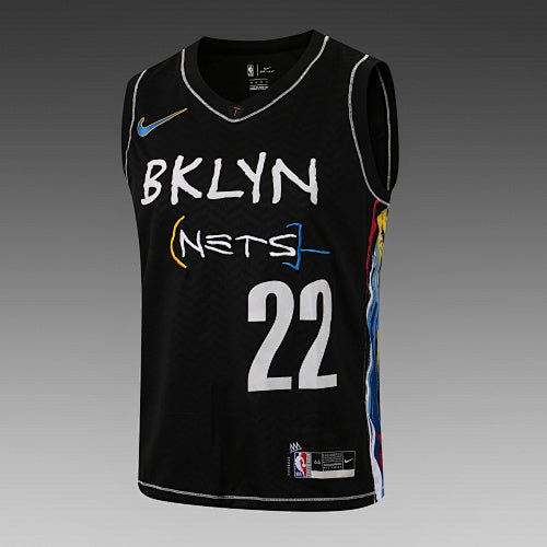 L041# NBA Nets Black V-neck Colored Edge No. 22 (Hot Pressed Style)