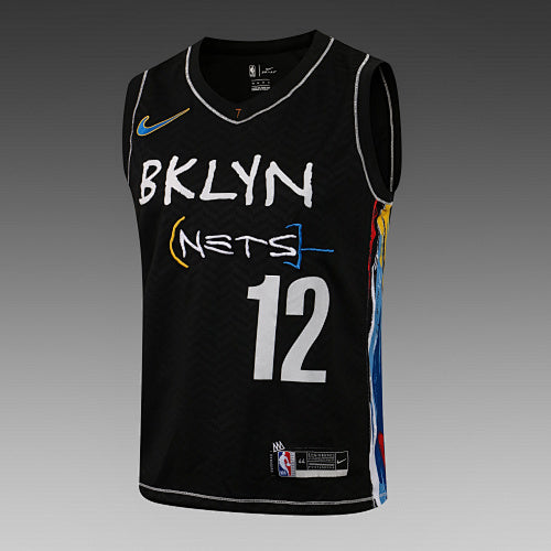 L043# NBA Nets Black V-neck Colored Edge No. 12 (Hot Pressed Style)