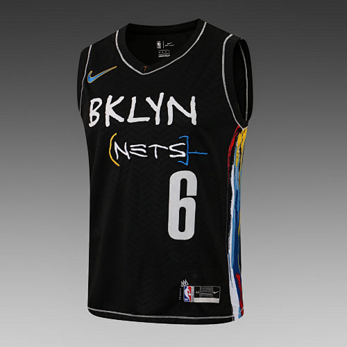 L044# NBA Nets Black V-neck Colored Edge No. 6 (Hot Pressed Style)