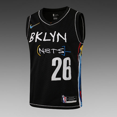 L045# NBA Nets Black V-neck Colored Edge No. 26 (Hot Pressed Style)