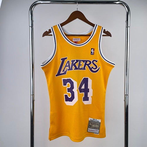MN hot pressed retro jersey: SW Lakers 96/97 season round neck yellow No. 34 O'Neal