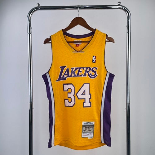 MN hot-pressed retro jersey: SW Lakers 99/00 season V-neck yellow No. 34 O'Neal